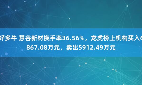 好多牛 慧谷新材换手率36.56%，龙虎榜上机构买入6867.08万元，卖出5912.49万元